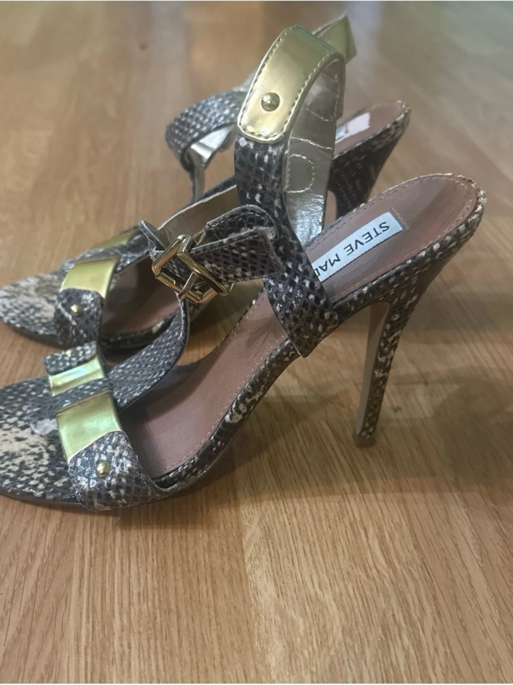 Steve Madden Snake-Print T-Strap Heels with Gold Accents